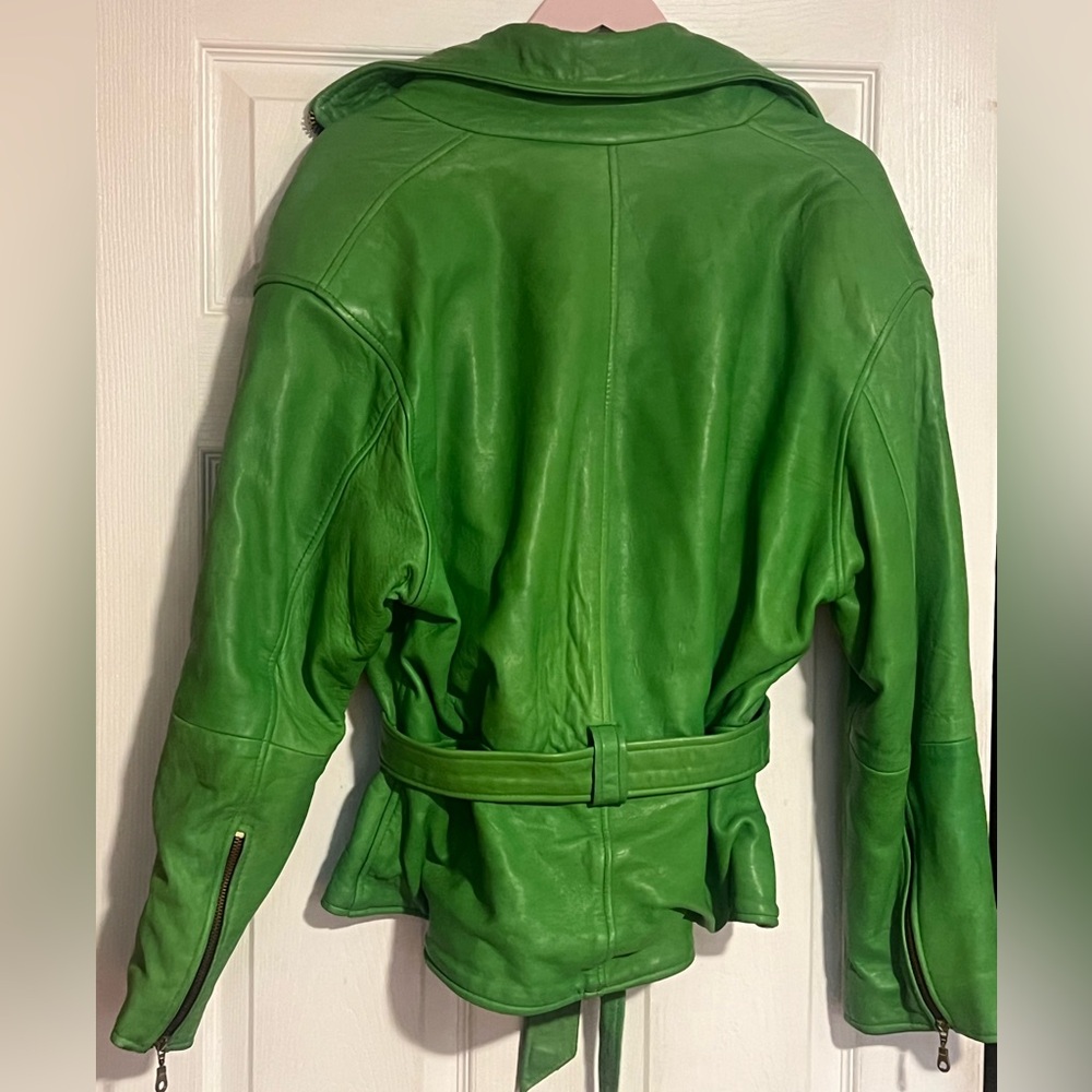 Vibrant Green Moto Leather Jacket with Belted Waist - Picture 2 of 3